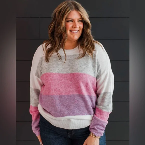 Colorblock Women’s Crew Neck Striped Pink, Purple, Gray Spring Sweater, Size M - Picture 6 of 12